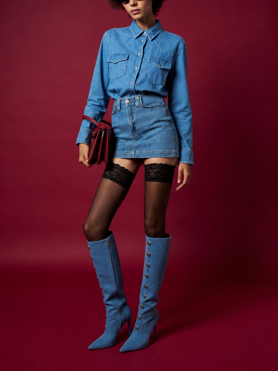 Gonna mini in denim stretch, indossato